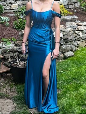 Blue Off-Shoulder Satin Evening Dress with Thigh Slit